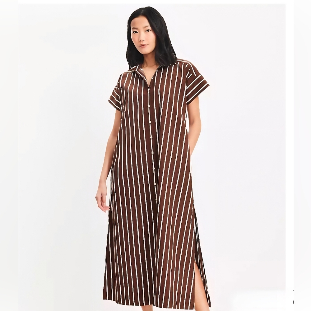 LOFT Striped Poplin Maxi Pocket Shirtdress, Size 8